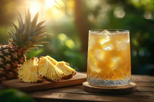 Refreshing glass of iced pineapple drink beside freshly cut pineapple slices on wooden board with sunlight in background