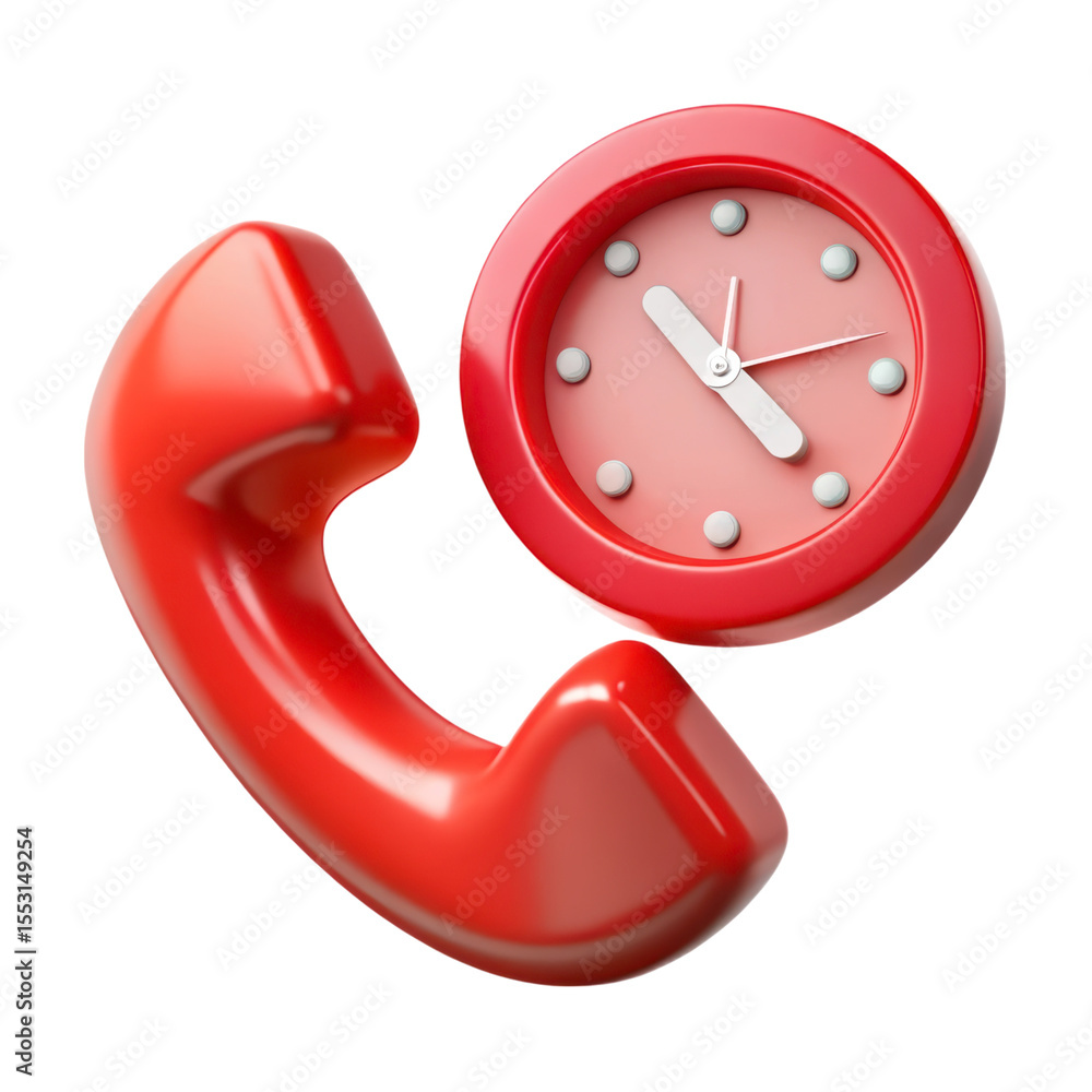 Poster 3d rendering of plastic style red phone receiver with a clock isolated on white background