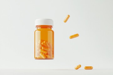 Floating medicine bottle with capsules on white background for healthcare and medical design