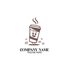 Cheerful coffee cup: A whimsical cartoon illustration of a takeaway coffee cup with a smiling face and steam rising, accompanied by coffee beans, ready for use in your business or project.