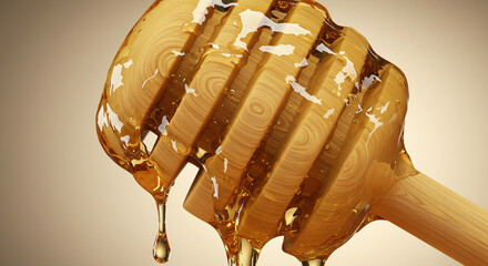 Close-up of honey dripping from dipper. Sweet, golden texture.

