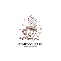 Smiling Coffee Cup: A charming cartoon depicts a smiling coffee cup, steam rising, surrounded by playful hearts and stars, showcasing a cheerful beverage logo.