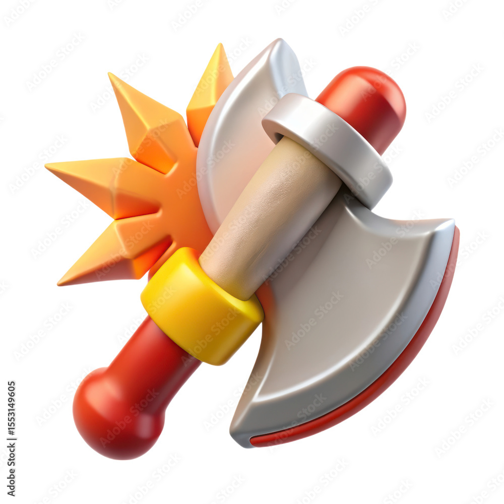 Poster 3d rendering plastic style axe icon with spark isolated on white background