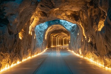 Warm lights illuminating an empty underground tunnel carved through a natural rock formation