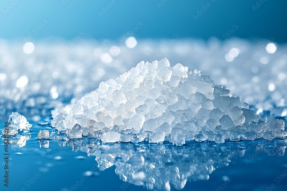 Poster crushed ice melting on blue reflective surface creating refreshing cool image