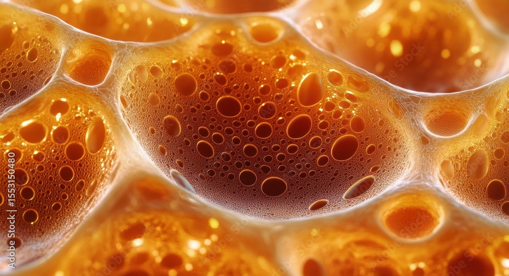 Poster close-up view of orange and brown bubbles with varying sizes forming a translucent textured surface
