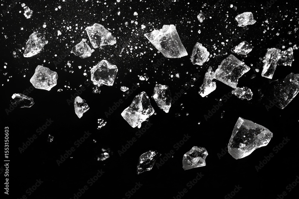 Poster ice shards are exploding against a black background, creating a dramatic and dynamic visual