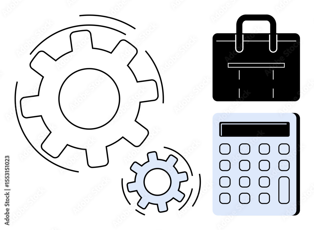 Poster gears rotating for process, calculator representing calculations, and briefcase signaling work and m