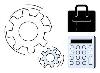 Gears rotating for process, calculator representing calculations, and briefcase signaling work and management. Ideal for finance, productivity, business, logic, organization, strategy simple flat
