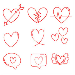 Red Heart Line and Broken Heart Icons – Romantic Love Symbols for Valentine’s Day