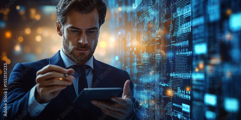 Poster focused businessman in formal suit using a digital tablet with futuristic blue data interface in the