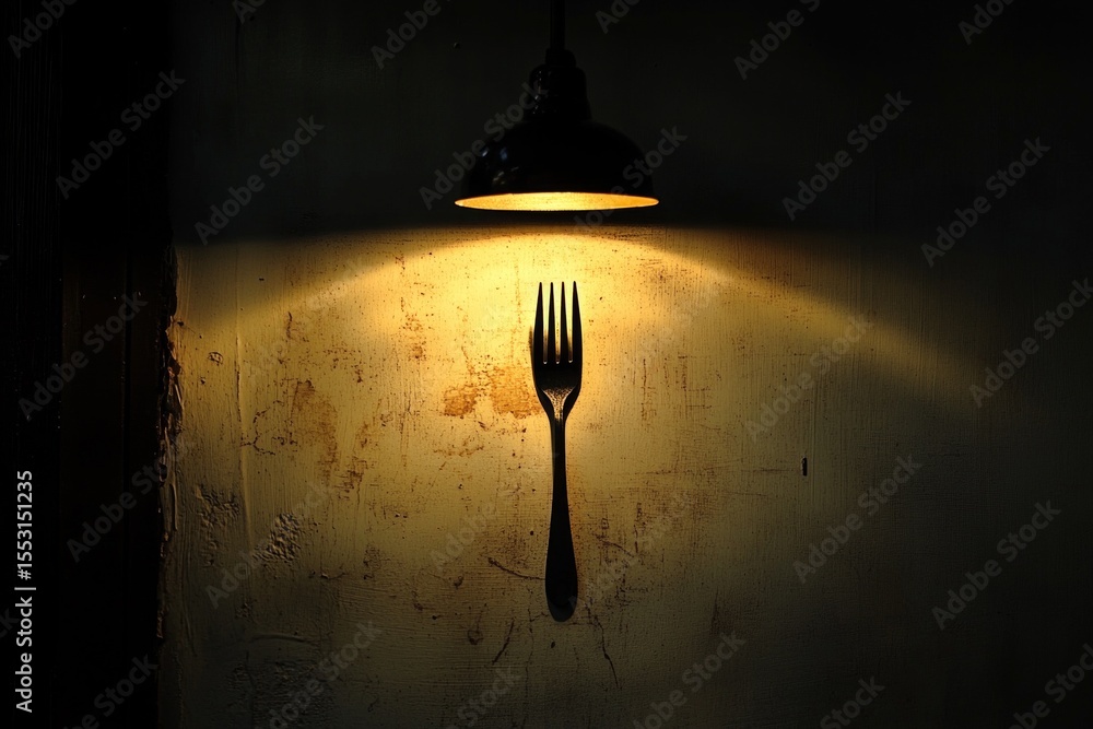 Poster metal fork illuminated by a hanging lamp casting light on a textured wall, creating a dramatic and a