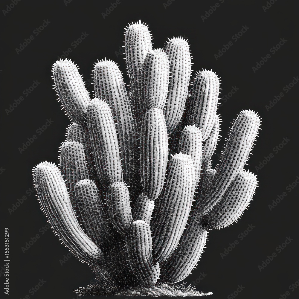 Poster close-up of a tall clustered cactus with numerous ribbed arms and prominent spines against a solid b