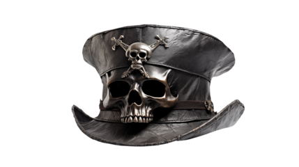 A black leather hat with a skull and crossbones emblem on a black background studio shot isolated on transparent background