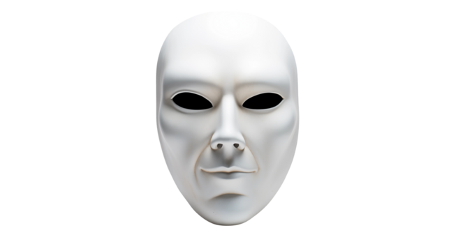 A stark white mask with dark eye sockets isolated against a black background space isolated on transparent background