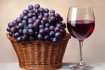Basket filled with ripe purple grapes next to a glass of red wine against a neutral background evoking a calm and elegant ambiance