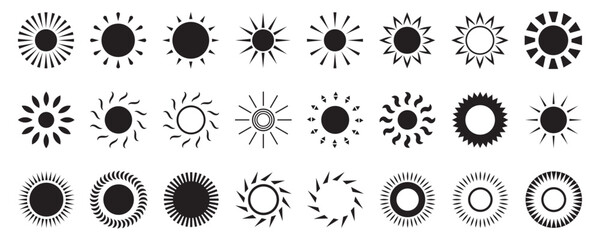 Sun icon set. Yellow sun star icons collection. Summer, sunlight, nature, sky. Vector illustration isolated on white background.