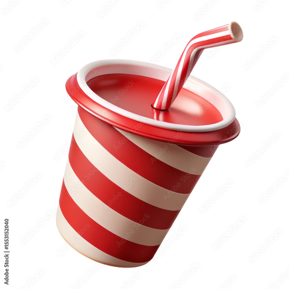 Poster 3d rendering plasticstyle icon of striped soda cup with straw isolated on white background isolated 