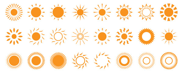 Sun vector illustration set in yellow color. Sun icon set. Yellow sun icons. Sunset icon collection. Yellow sun star icons. Solar energy. Vector illustration 