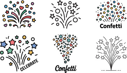 Celebration confetti and starry elements vector and line art icon set