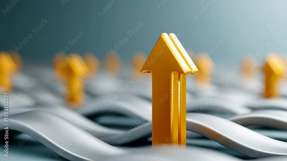 Poster a row of arrows are floating on a wave, with one arrow pointing upwards. concept of progress and gro