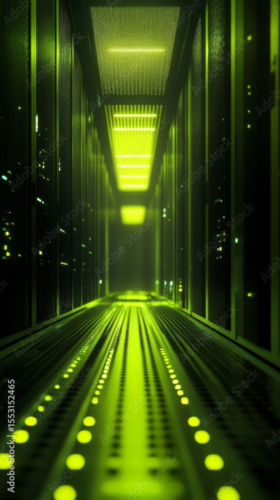 Poster green lights illuminate the floor of a server room, highlighting network hardware in a data center