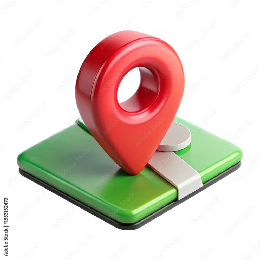 Poster 3d rendering plasticstyle red location pin on green map isolated on background for gps navigation