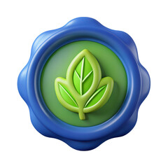 3d rendering plasticstyle leaf icon isolated on background with blue wax seal for green initiatives and sustainability