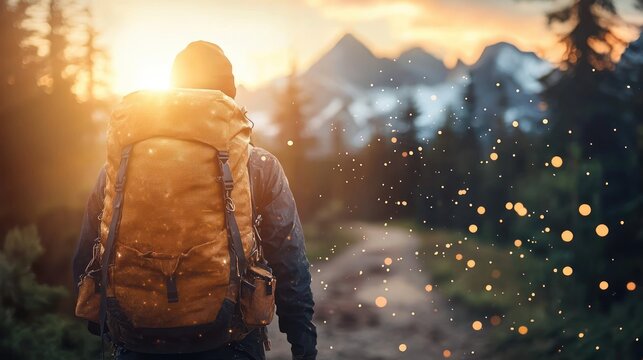Backpacker with large backpack standing on forest trail facing snow-capped mountains during sunrise with warm glowing light and floating particles in the air