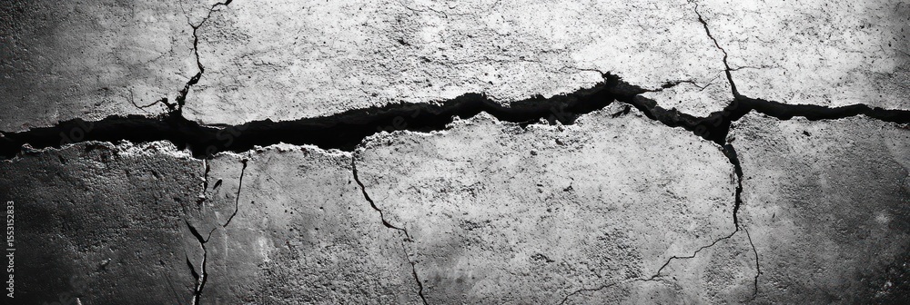 Poster close-up view of a cracked concrete surface with multiple fractures and rough texture in monochrome
