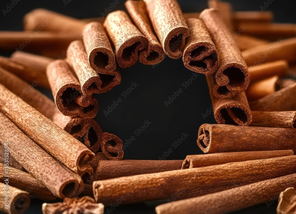 Poster close-up of multiple cinnamon sticks arranged in a circular formation with a dark background