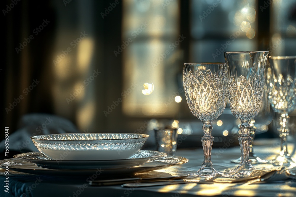 Poster crystal glasses and tableware reflecting warm sunlight create an elegant and inviting atmosphere on 