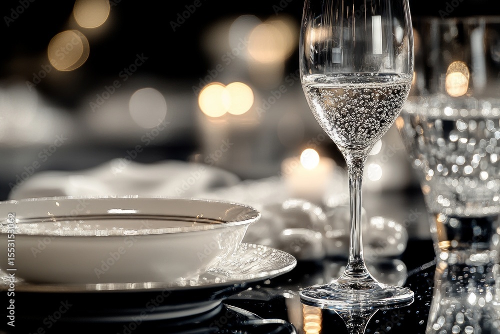 Poster elegant table setting with sparkling wine glass, illuminated by warm candlelight, creating a festive