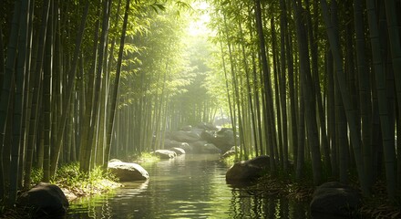 Obraz premium Stepping Stones Through a Tranquil Bamboo Forest Stream