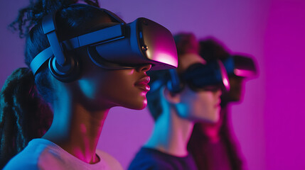 Diverse coworkers using VR headsets for an interactive project discussion (1)