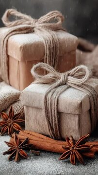 Christmas gifts wrapped in brown paper with twine and festive spices on a rustic surface.