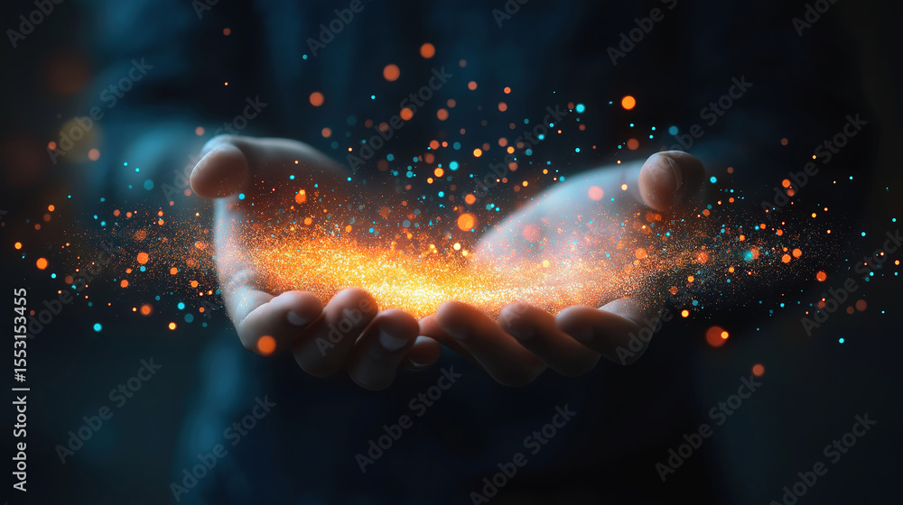 Poster glow light digital data graph held by businessman with marketing focus in dark tech setting