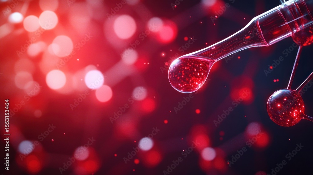 Poster close-up view of a red molecular structure with glowing spherical elements connected by transparent 