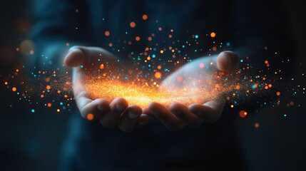 Glow light digital data graph held by businessman with marketing focus in dark tech setting