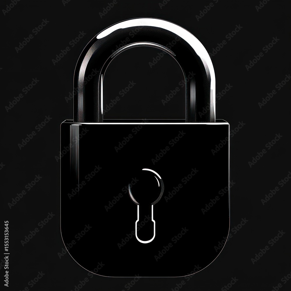 Poster close-up of a shiny black padlock with a reflective surface against a dark background symbolizing se