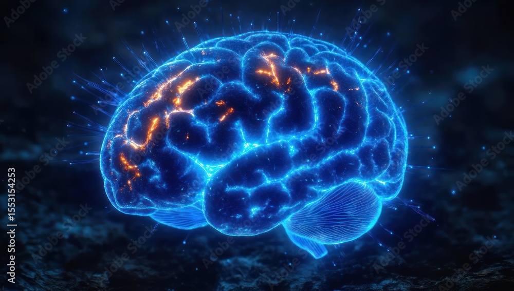 Poster glowing digital representation of a human brain with illuminated neural pathways and electric impuls