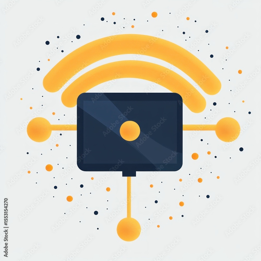 Poster abstract digital illustration of a computer monitor connected to a network with vibrant orange wirel