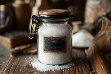Granulated white sugar is preserved in a vintage glass jar featuring a swing top and blank label, placed on a rustic wooden table