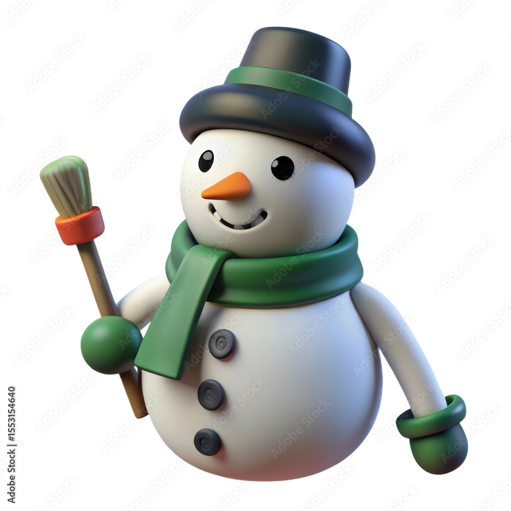 Poster cheerful snowman 3d rendering plasticstyle icon isolated on background holding a broomstick and smil