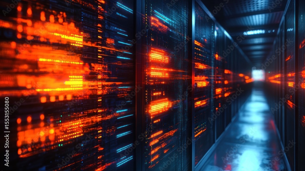 Aufkleber futuristic data center corridor with glowing orange and blue server lights reflecting on glossy floo
