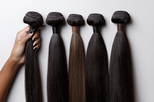 Hairdresser presenting hair extension bundles in different colors, showing the quality of the product