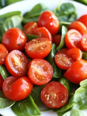 Vibrant red cherry tomatoes, some halved, scattered on a bed of fresh green salad leaves, showcasing healthy ingredients for a nutritious meal