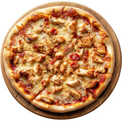 Chicken Pizza with Melted Cheese and Tomato Sauce on Wooden Board isolated on a transparent background