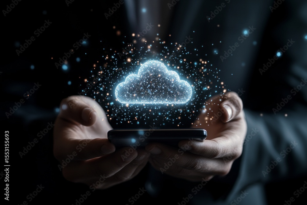 Poster businessman using smartphone and accessing cloud computing storage via mobile phone