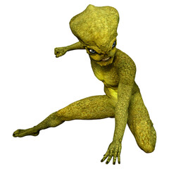 3D Rendering Green Alien on White